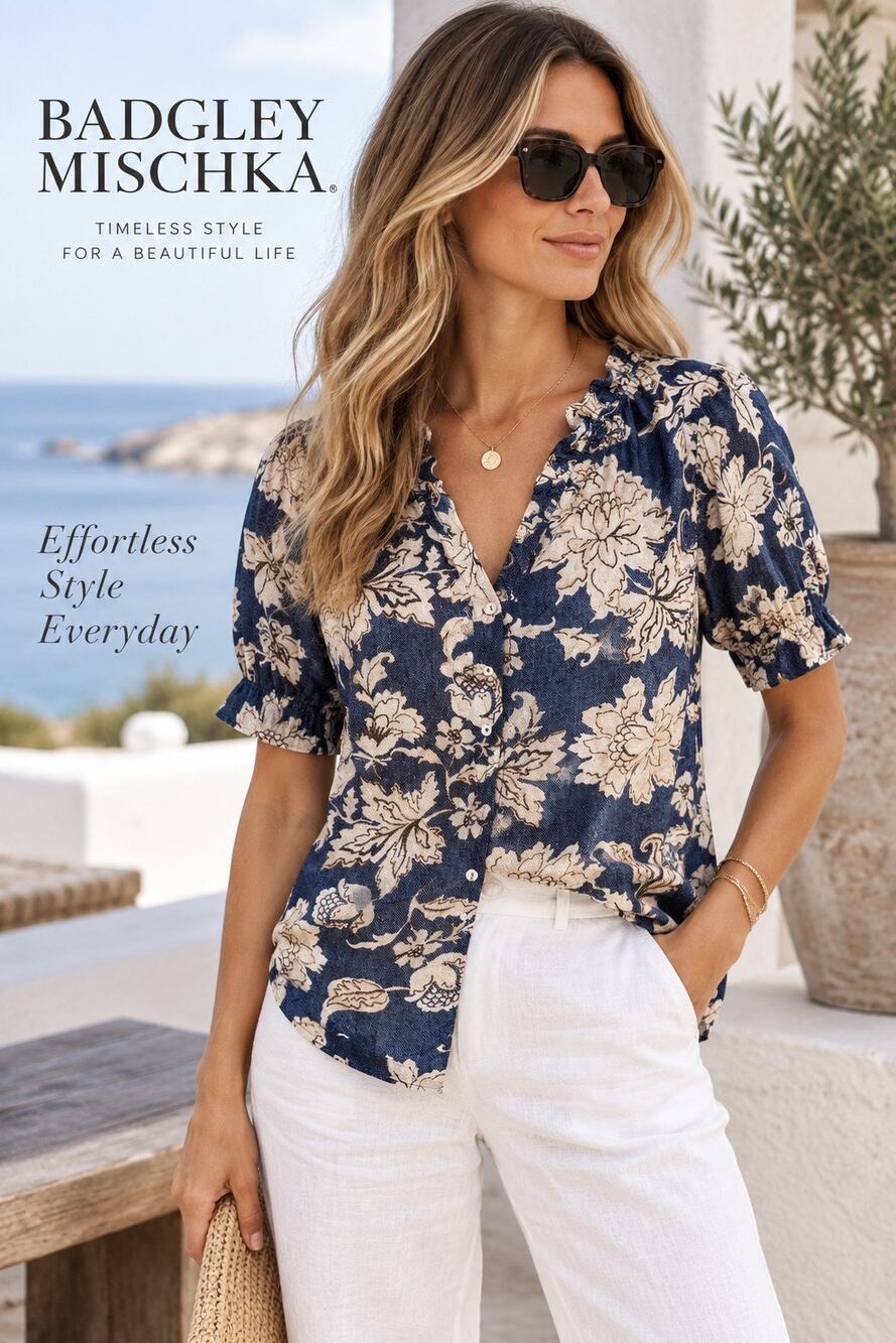 Coastal Romantic Boho Resort Badgley Mischka Floral Linen Blend Ruffle Blouse M
